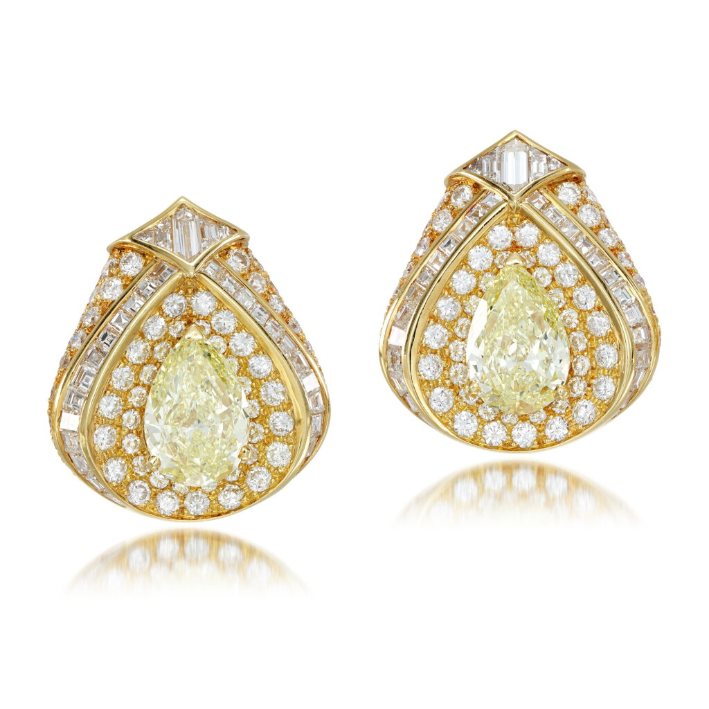 View full screen - View 1 of Lot 226. Pair of Fancy Light Yellow diamond and colourless diamond ear clips.