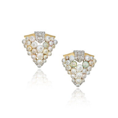 View full screen - View 1 of Lot 395. Pair of Pearl and Diamond Clips, Paris.