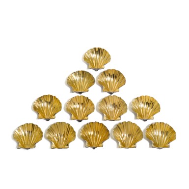 View full screen - View 1 of Lot 43. AN ASSOCIATED SET OF TWELVE ITALIAN PARCEL-GILT SILVER SHELL-SHAPED SALT CELLARS, BUCCELATTI, MILAN, 20TH CENTURY.