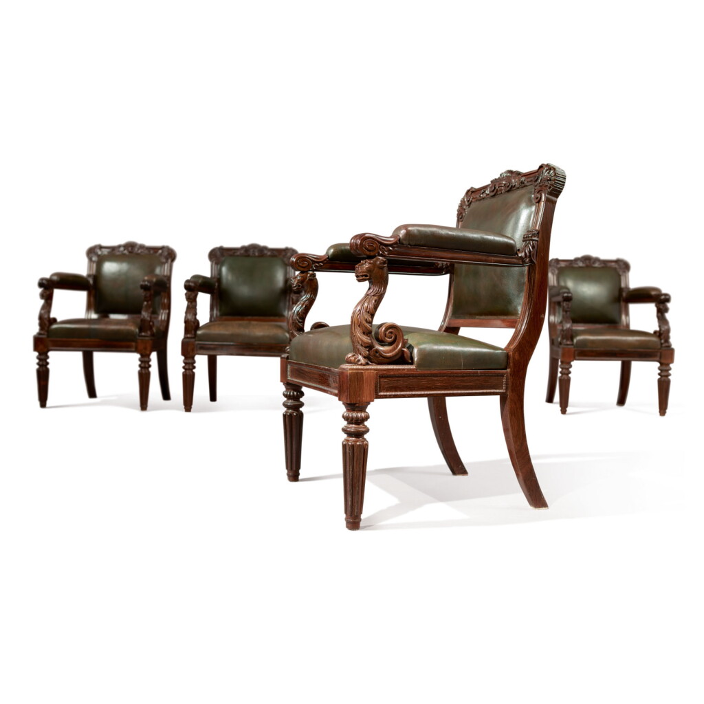 View full screen - View 1 of Lot 828. A SET OF FOUR REGENCY SOLID AND GRAINED ROSEWOOD OPEN ARMCHAIRS, CIRCA 1825.