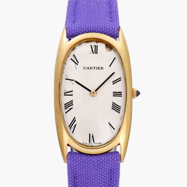 View full screen - View 1 of Lot 47. Made for Cartier New York: Forme d’Oeuf | A yellow gold oval wristwatch with original gold deployant buckle | Circa 1968.