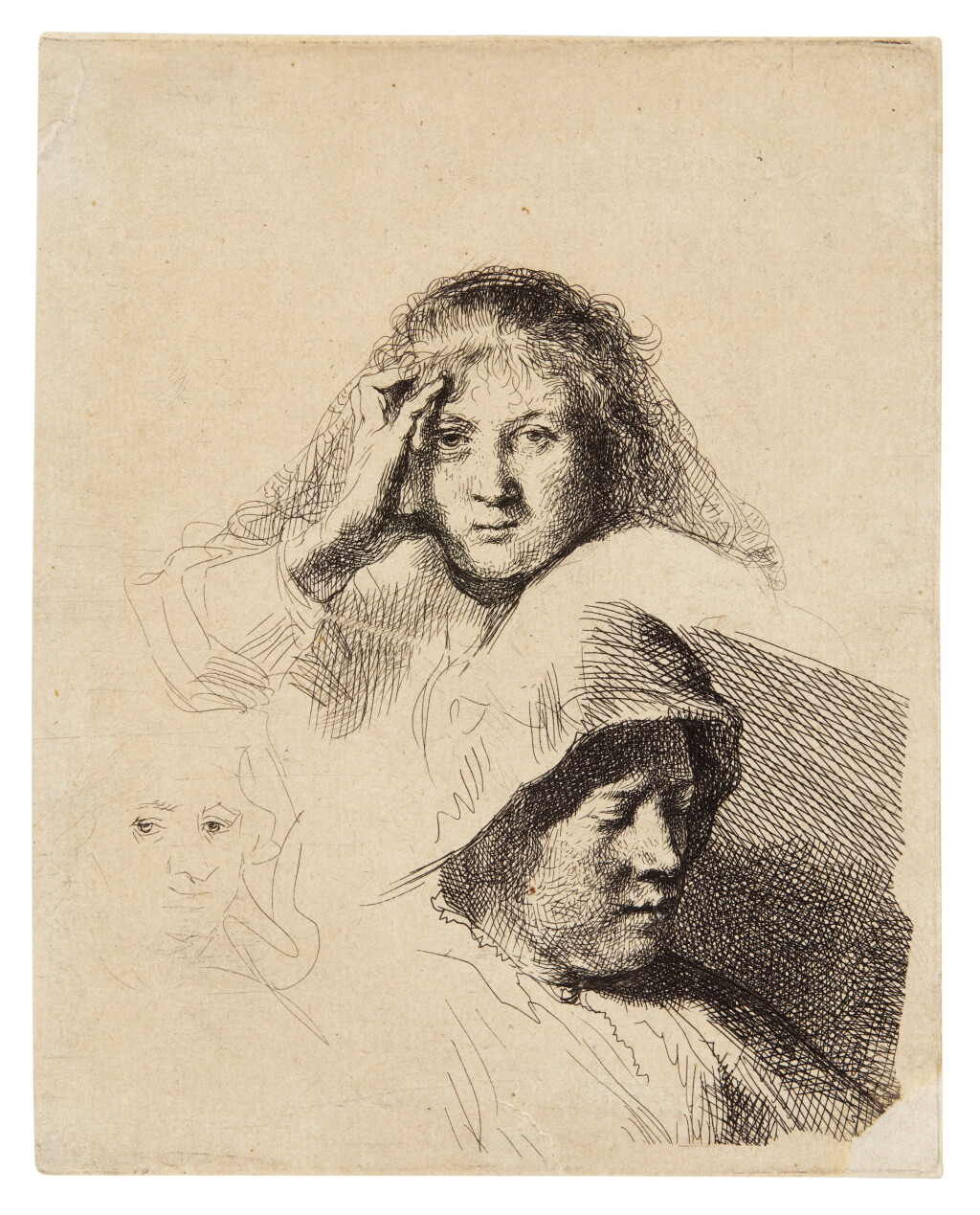 View full screen - View 1 of Lot 46. Three Heads of Women, One Lightly Etched (B., Holl. 367; New Holl. 162; H. 153).