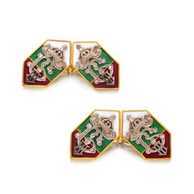 View full screen - View 1 of Lot 1020. Pair of enamel and diamond presentation cufflinks, circa 1930.