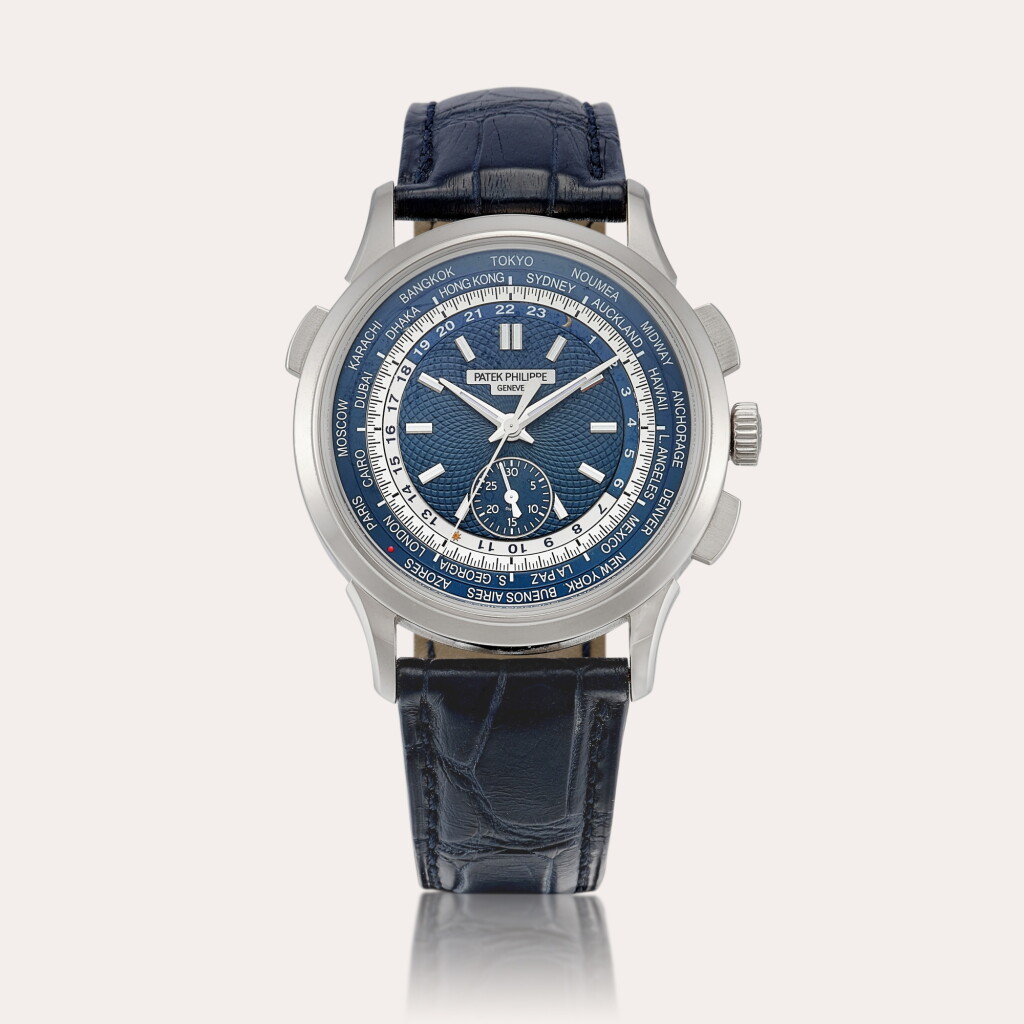 View full screen - View 1 of Lot 2203. Reference 5930 A white gold world time flyback chronograph wristwatch, Circa 2017 | 百達翡麗 | 型號5930 | 白金世界時間飛返計時腕錶,約2017年製.