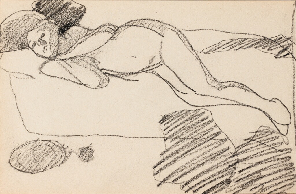 View full screen - View 1 of Lot 239. Femme nue de trois quarts vers la gauche étendue sur un canapé, mains au menton (recto); Femme nue debout de trois quarts vers la droite, main gauche près du corps, main droite en avant (verso).