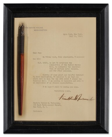 View full screen - View 1 of Lot 1075. Roosevelt, Franklin D. | Naval buildup bill signing pen, given to Captain Joseph M. Patterson.