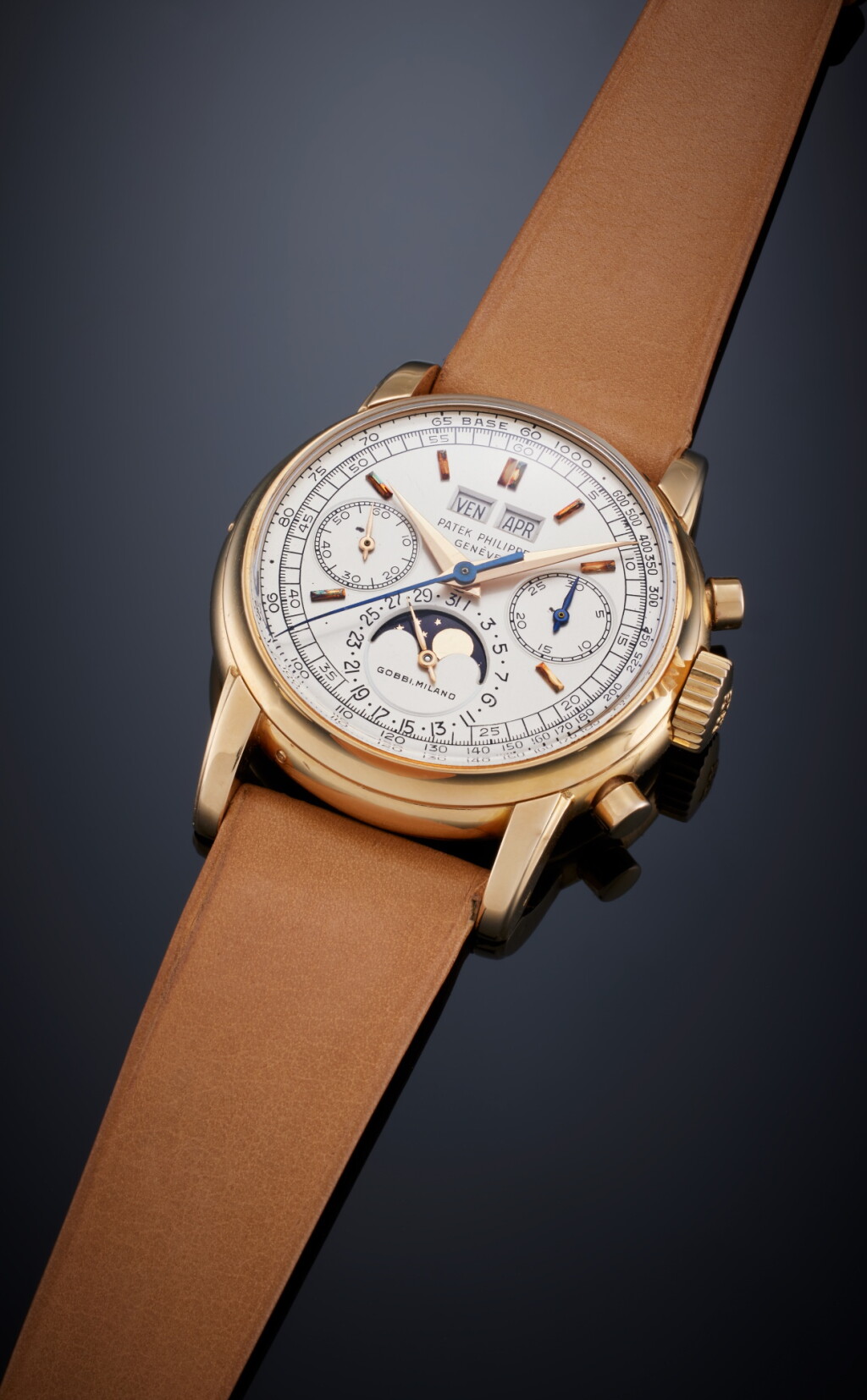 View full screen - View 1 of Lot 21. Reference 2499 'Second Series' | Retailed by Gobbi Milano: An important pink gold perpetual calendar chronograph wristwatch with moon phases, Made in 1957.