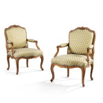 A pair of Louis XV beechwood fauteuils à la reine , circa 1750, stamped by Nicolas Heurtaut | Paire de fauteuils à la reine en hêtre sculpté, d'époque Louis XV, estampille de Nicolas Heurtaut, vers 1750
