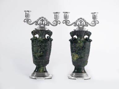 View full screen - View 1 of Lot 10. A Pair of French Art Deco Silver and Nephrite Two-Light Candelabra, Robert Linzeler for Cartier, Paris, Circa 1930–40.