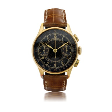 View full screen - View 1 of Lot 167. OMEGA | A YELLOW GOLD CHRONOGRAPH WRISTWATCH WITH MULTI-SCALE DIAL, CIRCA 1940.