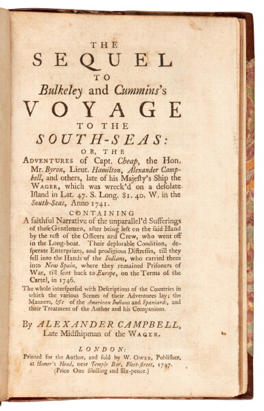 View full screen - View 1 of Lot 59. Alexander Campbell | The sequel to Bulkeley and Cummins' Voyage to the South-Seas, London, 1747, 8vo, half calf.