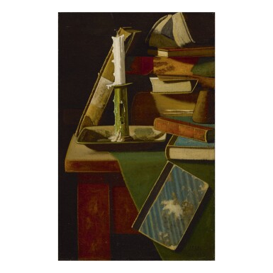 View full screen - View 1 of Lot 44. JOHN FREDERICK PETO | FORGOTTEN FRIENDS: CANDLESTICK AND BOOKS ON TABLE.