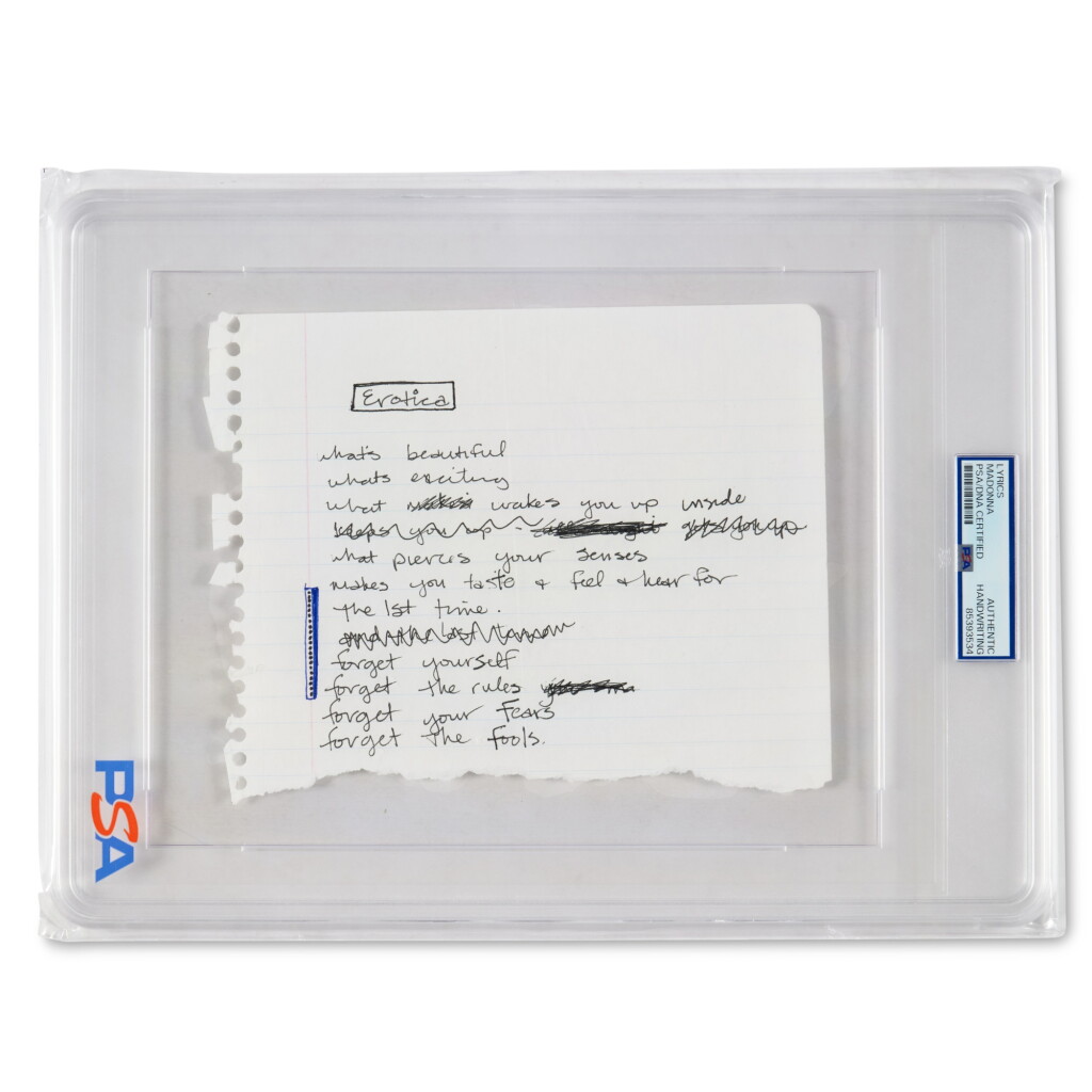 View full screen - View 1 of Lot 22. Madonna | Manuscript lyric sheet for early draft of “Erotica,” ca. 1991.