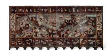 View full screen - View 1 of Lot 308. A twelve-panel lacquer 'figural' Coromandel screen, Qing dynasty, 18th century | 清十八世紀 髹漆加彩刻郭子儀祝壽圖十二扇屏風.