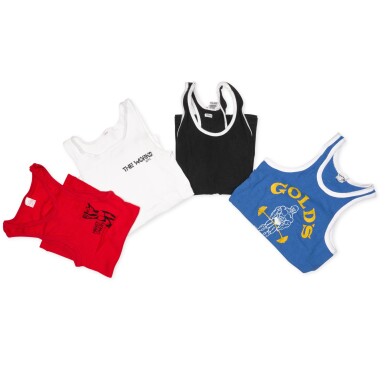 View full screen - View 1 of Lot 2182. Freddie Mercury's off stage t-shirts and vests including a 'Gold's Gym Covent Garden' vest and a blue bomber jacket.