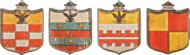 View full screen - View 1 of Lot 171. A GROUP OF FOUR PAINTED WOOD SHIELDS, 17TH CENTURY .
