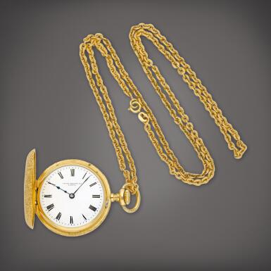 View full screen - View 1 of Lot 8818. A yellow gold hunting case keyless watch with enamel dial and chain, Circa 1890 | 百達翡麗 | 黃金獵殼懷錶,備琺瑯錶盤及鏈帶,約1890年製.