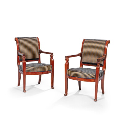 View full screen - View 1 of Lot 181. A pair of Directoire mahogany armchairs, circa 1795-1799, stamped Jacob Frères.