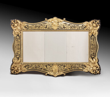 View full screen - View 1 of Lot 75. A pair of large gilt bronze mounted ebony and brass Boulle marquetry frames and mirrors, English, 19th century | Paire de grands cadres formant miroirs en marqueterie Boulle, d'ébène et laiton, Angleterre, XIXeme siècle.