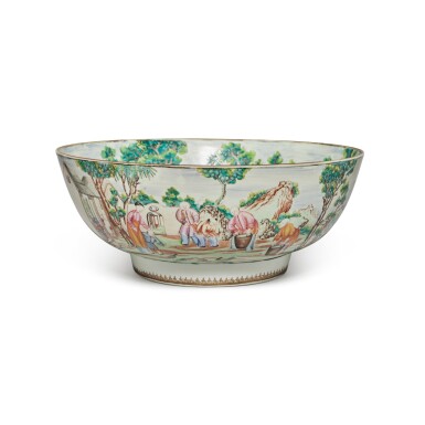 View full screen - View 1 of Lot 619. An Extremely Rare Chinese Export Famille-Rose 'Rice Production' and 'Hunting Subject' Bowl, Qing Dynasty, Qianlong Period.