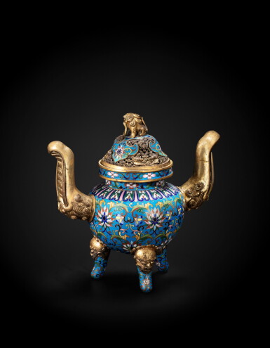 View full screen - View 1 of Lot 181. A gilt-bronze and cloisonne enamel tripod incense burner Qing dynasty | 清 掐絲琺瑯蓮紋獅鈕象拔耳熏爐.