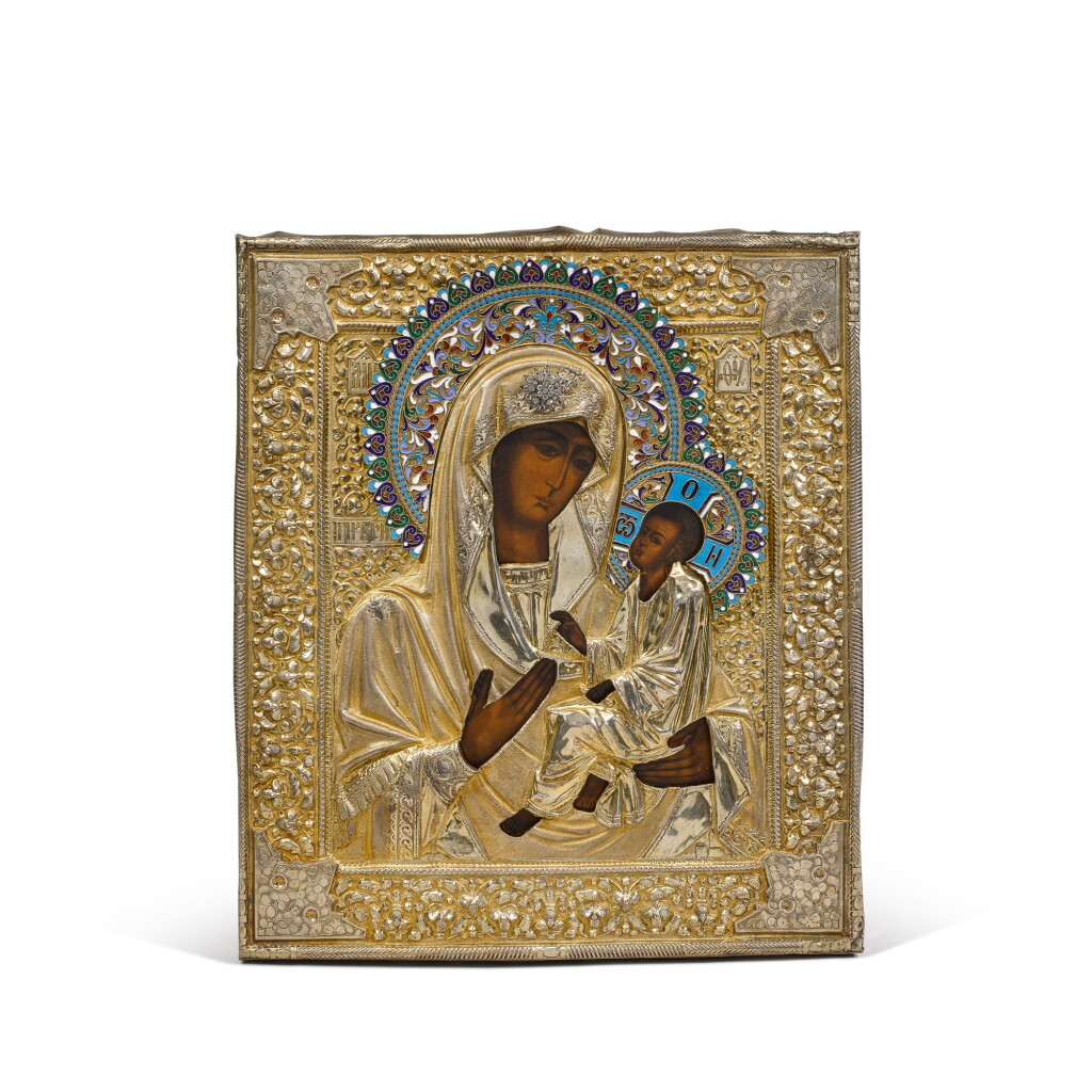 View full screen - View 1 of Lot 329. A silver-gilt and cloisonné enamel icon of the Tikhvin Mother of God, Semyon Yegornov, Moscow, 1899-1908.