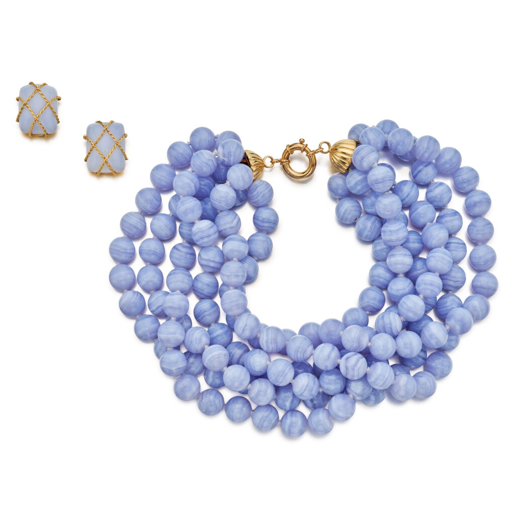 View full screen - View 1 of Lot 253. Pair of Gold and Chalcedony Earclips and Agate Necklace.