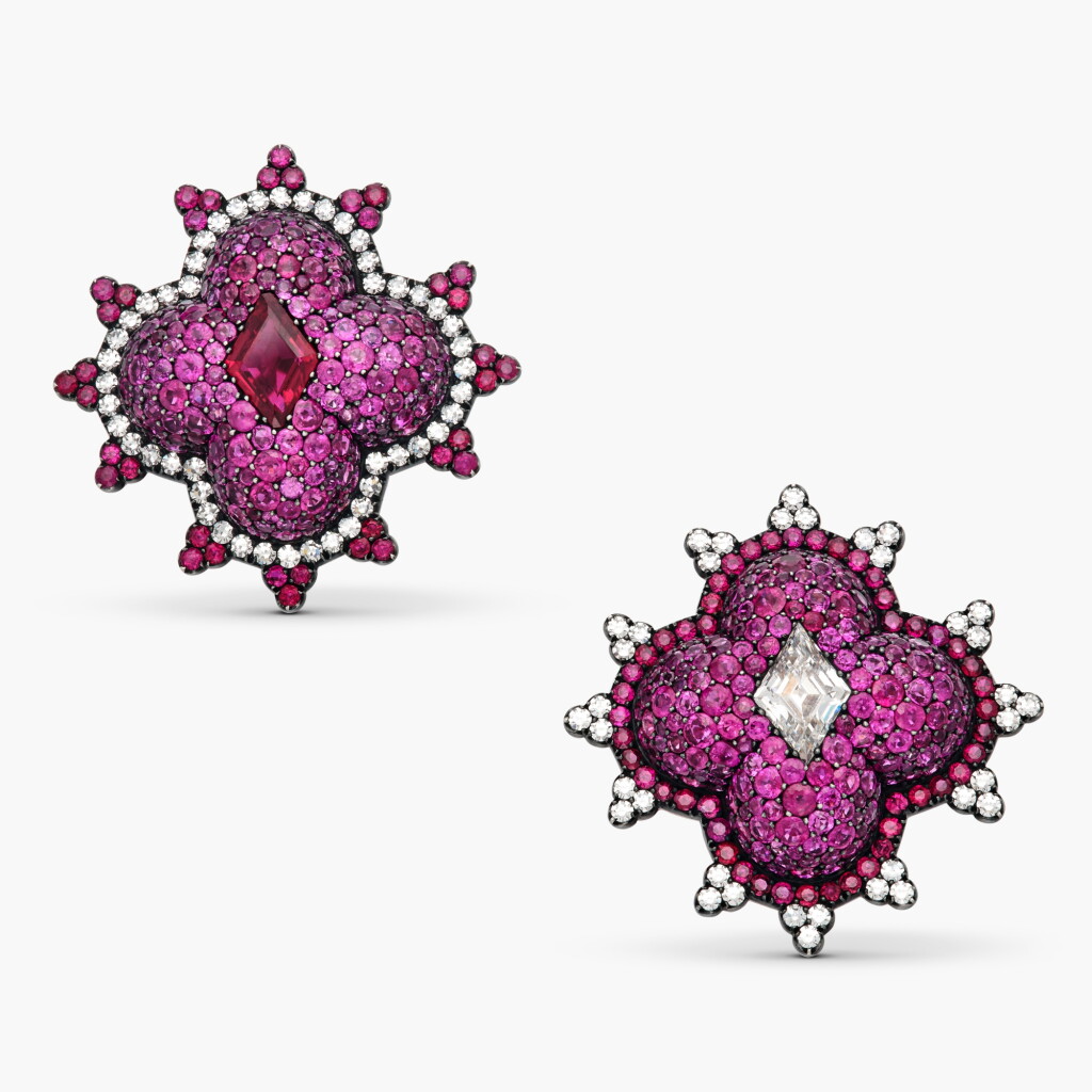 View full screen - View 1 of Lot 55. Pair of Ruby and Diamond Earclips 紅寶石 配 鑽石 耳夾一對.