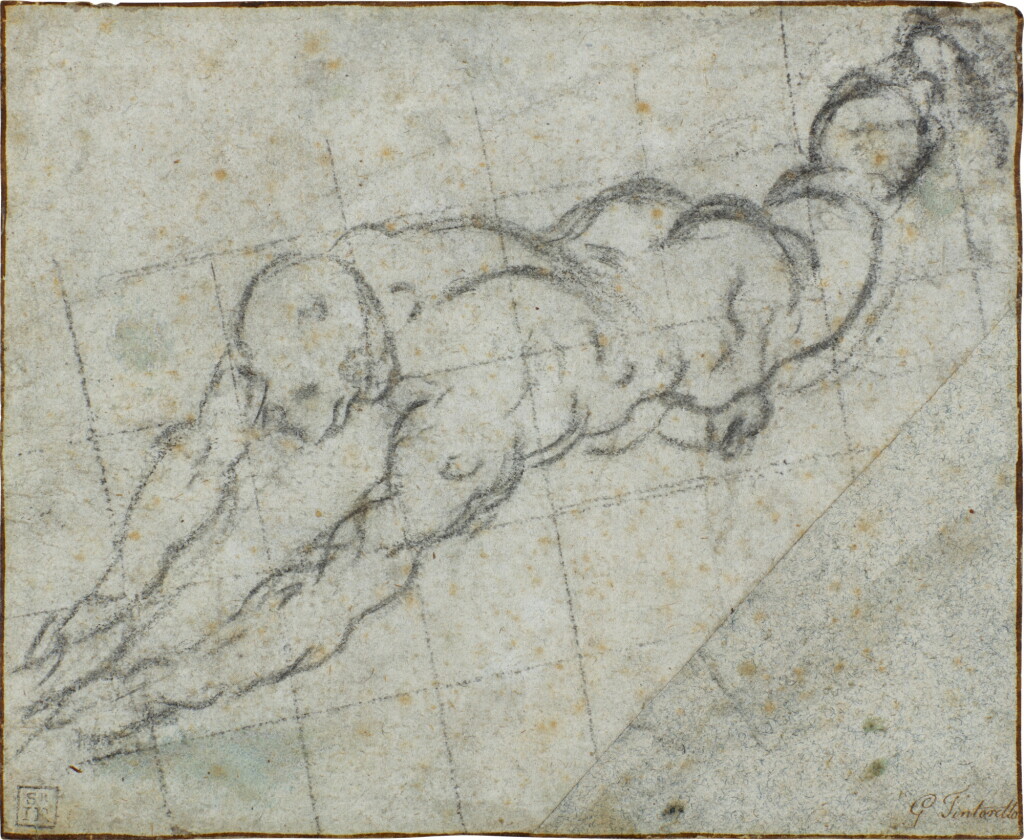 View full screen - View 1 of Lot 152. Recto: Study of a male nude diving down to the left Verso: Partial section of a Head and neck after the Antique.