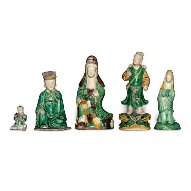 View full screen - View 1 of Lot 736. Five sancai-glazed biscuit figures, 17th - 19th century | 十七至十九世紀 素三彩像一組五件.