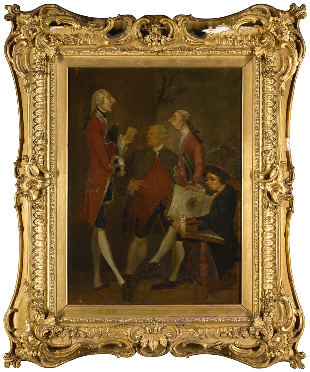 View full screen - View 1 of Lot 57. AFTER SIR JOSHUA REYNOLDS | CARICATURE OF THOMAS BRUDENELL-BRUCE, 1ST EARL OF AILESBURY, THE HON. JOHN WARD, JOSEPH LEESON, LATER 2ND EARL OF MILLTOWN, AND JOSEPH HENRY OF STRAFFAN.