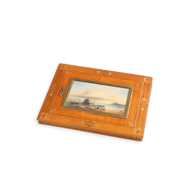View full screen - View 1 of Lot 598. A miniature and leather biding letter box, with the cypher of Henri, comte de Chambord, signed Alphonse Giroux, 1840-1842 | Boite à courrier en cuir et miniature sur carton, au chiffre d'Henri, comte de Chambord, signée Alphonse Giroux, 1840-1842.