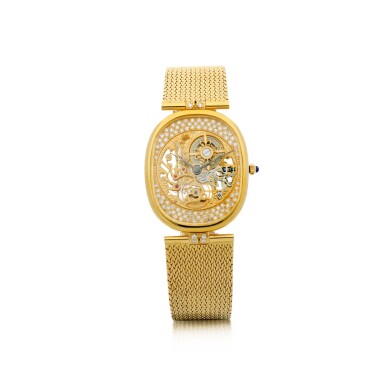 View full screen - View 1 of Lot 60. PATEK PHILIPPE | REFERENCE 3881/1 A YELLOW GOLD AND DIAMOND-SET OVAL SKELETONIZED BRACELET WATCH, MADE IN 1984 .