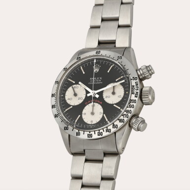 View full screen - View 1 of Lot 268. Daytona ‘Big Red’, Reference 6265 | A stainless steel chronograph wristwatch with bracelet | Circa 1973.