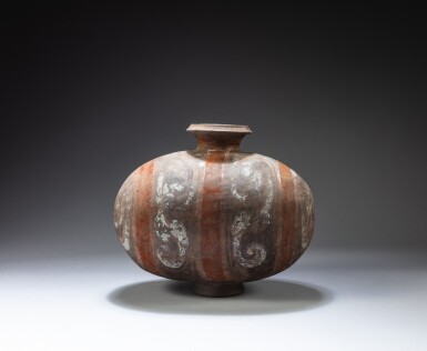 View full screen - View 1 of Lot 23. A painted pottery 'cocoon' jar, Han dynasty | 漢 彩繪繭形陶壺.