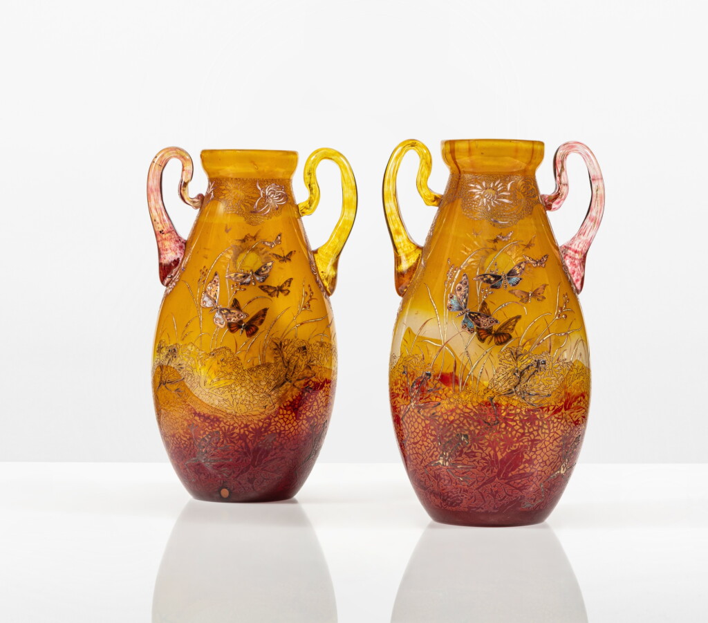 View full screen - View 1 of Lot 65. Papillons et Grenouilles pair of vases, circa 1894-1895.