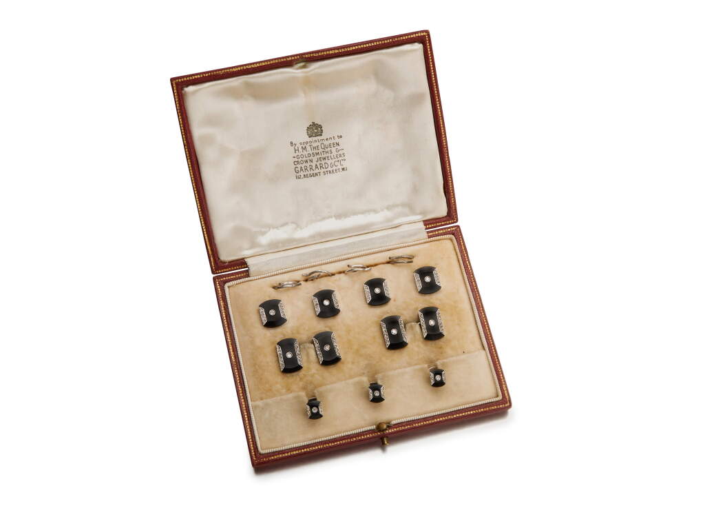 View full screen - View 1 of Lot 1077. ONYX AND DIAMOND DRESS SET, 1920S.