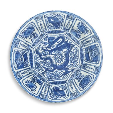 View full screen - View 1 of Lot 123. A rare blue and white 'Kraak' 'dragon' dish, Late Ming dynasty.
