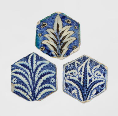 View full screen - View 1 of Lot 518. Three Mamluk Hexagonal Pottery Tiles, Syria, Mid-15th Century.