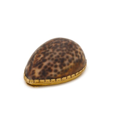 View full screen - View 1 of Lot 36. A gold-mounted cowrie shell snuff box, unmarked, probably German, circa 1859.