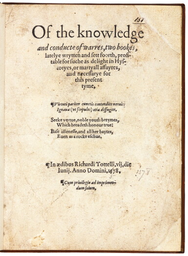 View full screen - View 1 of Lot 377. Proctor, Of the knowledge and conducte of warres, London, 1578, modern calf.