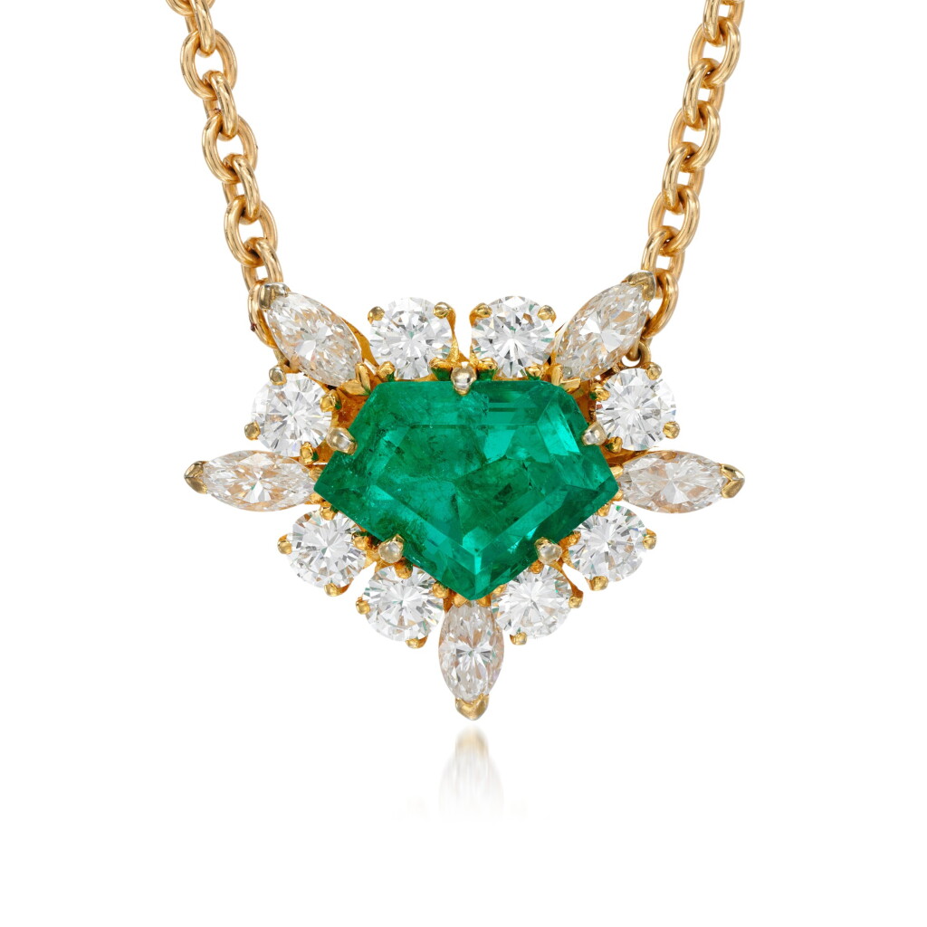 View full screen - View 1 of Lot 72. Emerald and diamond pendant necklace.