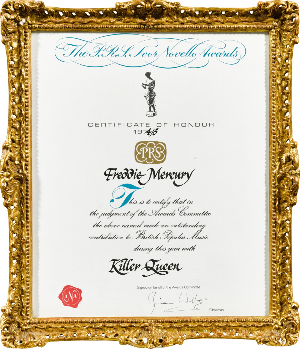 View full screen - View 1 of Lot 2025. Freddie Mercury's Ivor Novello Certificate Of Honour For 'Killer Queen'.