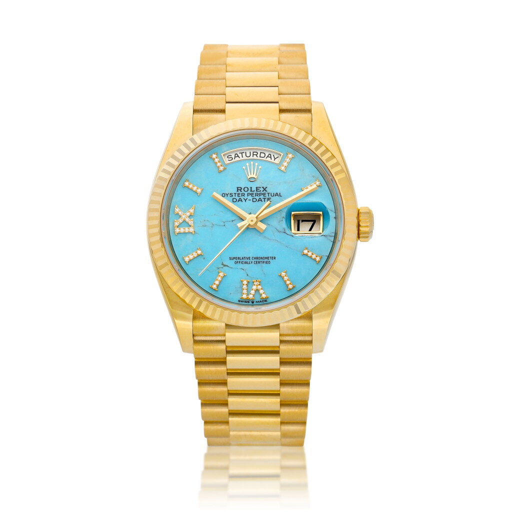 View full screen - View 1 of Lot 8150. Day-Date, Reference 128238 | A yellow gold and diamond-set wristwatch with day, date, turquoise dial and bracelet, Circa 2020 | 勞力士 | Day-Date 型號128238 | 黃金鑲鑽石鏈帶腕錶,備日期、星期顯示及綠松石錶盤,約2020年製.