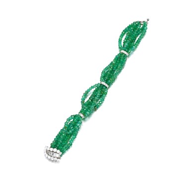View full screen - View 1 of Lot 938. Emerald and diamond bracelet.