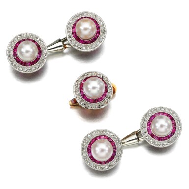 View full screen - View 1 of Lot 295. Pair of mabé pearl, ruby and diamond cufflinks and one dress button, 1920s and later.