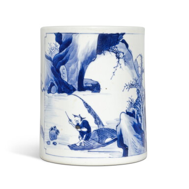 View full screen - View 1 of Lot 549. A blue and white 'landscape' brushpot, Qing dynasty, Kangxi period | 清康熙 青花開光溪山漁叟圖筆筒.