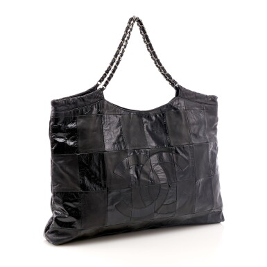 View full screen - View 1 of Lot 139. Black leather and black patent leather patchwork tote shoulder bag.