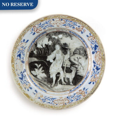 View full screen - View 1 of Lot 460. A Rare Chinese Export European Subject Plate, Qing Dynasty, Qianlong Period | 清乾隆 藍墨彩描金西洋人物圖盤.