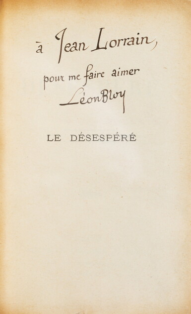 View full screen - View 1 of Lot 73. Le Désespéré. 1886. Rel. époque. Envoi à Jean Lorrain. Joints : lettre de Bloy et lettre de Barbey d'Aurevilly.